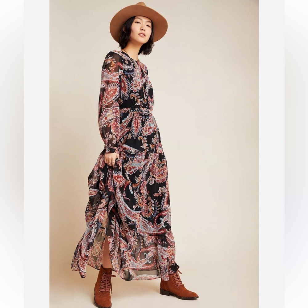 Anthropologie Black Paisley Maxi Dress with Rust and Cream Accents